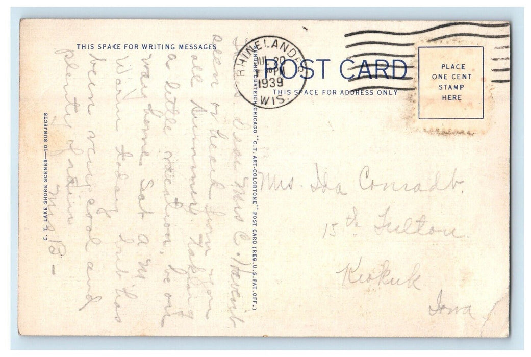 1939 Greetings From Rhinelander Wisconsin WI, Lake View Vintage Postcard