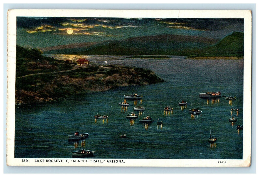 1939 Lake Roosevelt Apache Trail At Night Boat Scene Arizona AZ Vintage Postcard