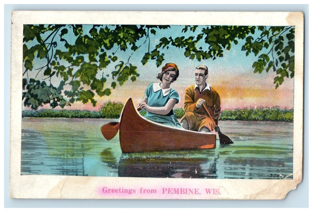 Greetings From Pembine Wisconsin WI, Couple Canoeing Postcard