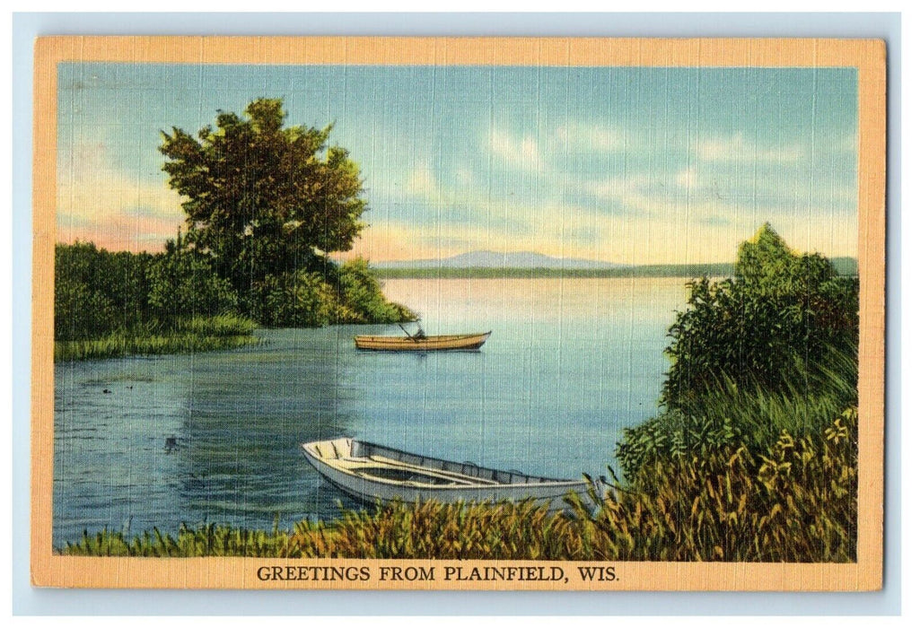 1948 Greetings From Plainfield Wisconsin WI, Canoeing Boat Vintage Postcard