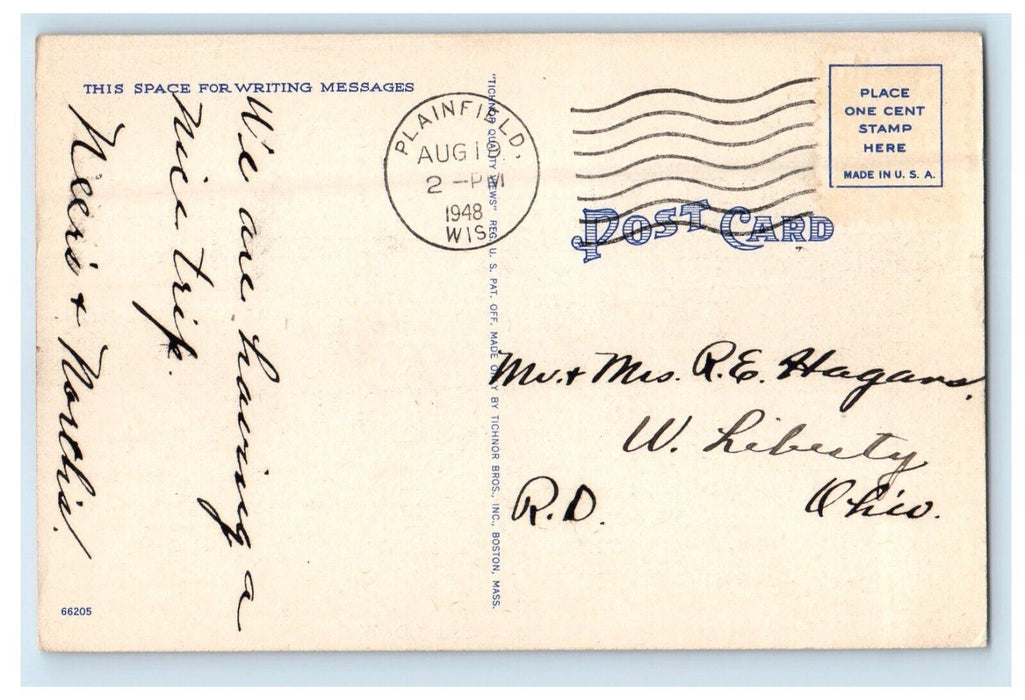 1948 Greetings From Plainfield Wisconsin WI, Canoeing Boat Vintage Postcard