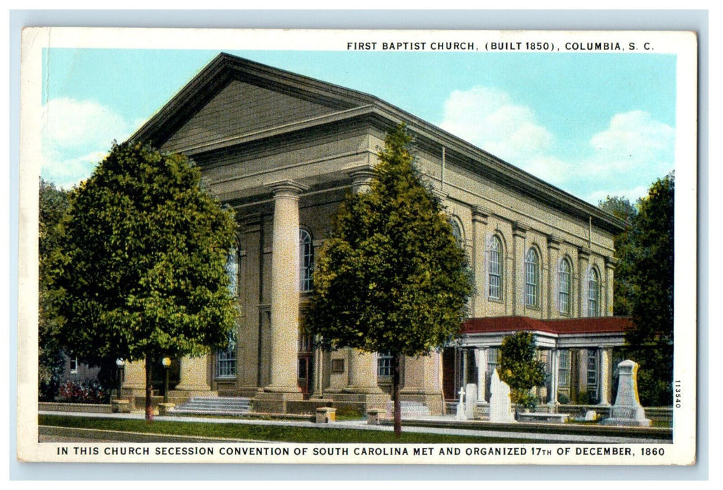 c1920s First Baptist Church (Built 1850) Columbia South Carolina SC Postcard