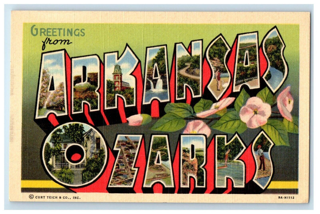 Greetings From Ozarks Arkansas AR, Large Letters Flowers Vintage Postcard