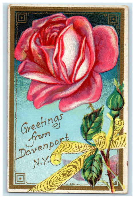 c1910 Red Rose, Yellow Ribbon, Greetings from Davenport NY Embossed Postcard