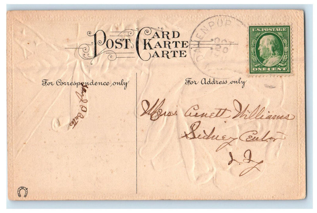 c1910 Red Rose, Yellow Ribbon, Greetings from Davenport NY Embossed Postcard