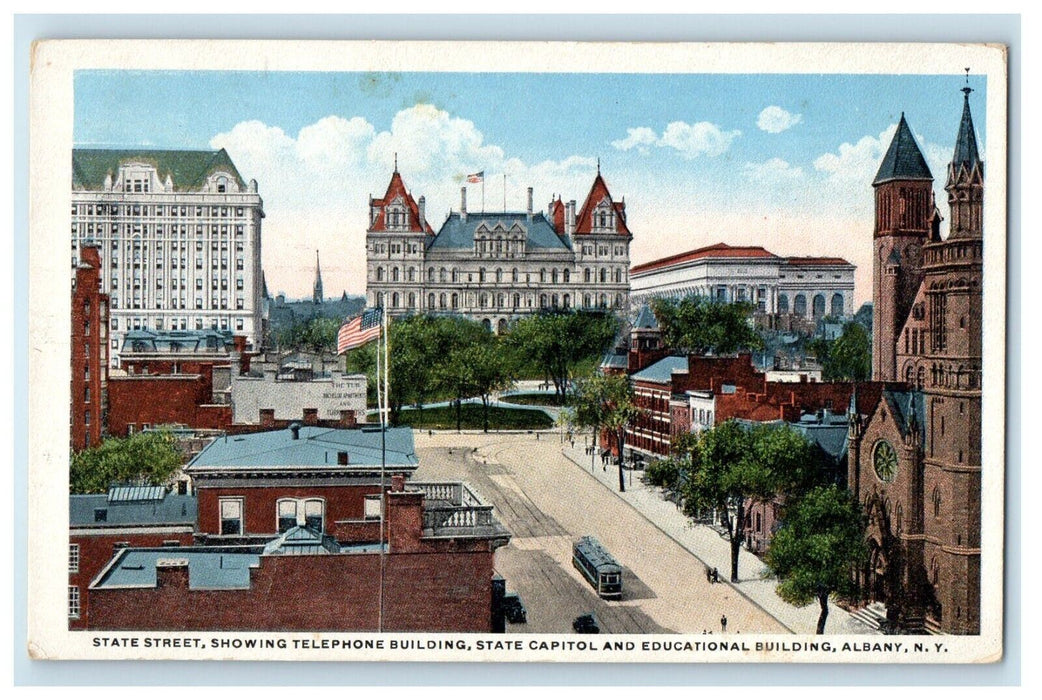 c1920's Albany New York NY, Trolley State Capitol Education Building Postcard