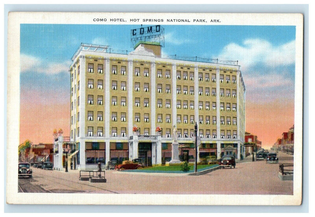 1934 Como Hotel Hot Springs Building Cars National Park Arkansas AR Postcard