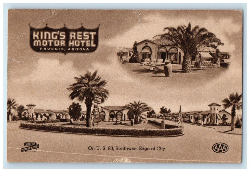 1942 King's Rest Motor Hotel Phoenix Of Arizona AZ, Southwest Edge City Postcard