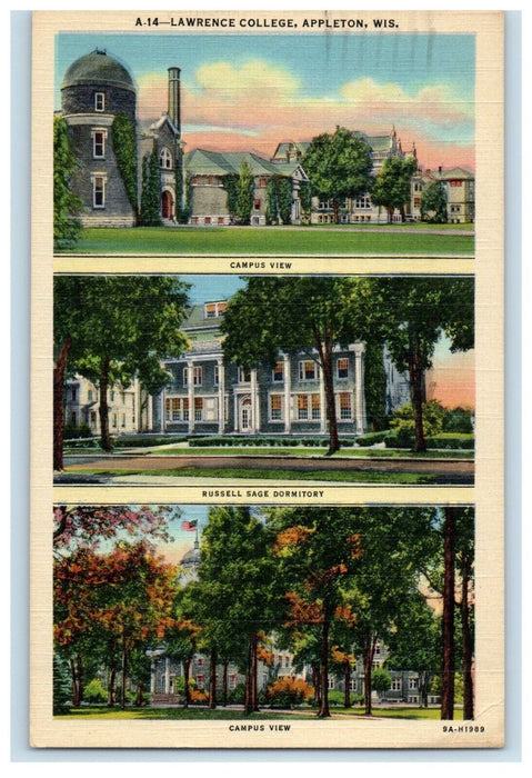 1950 Lawrence College Campus View Russell Sage Dormitory Appleton WI Postcard