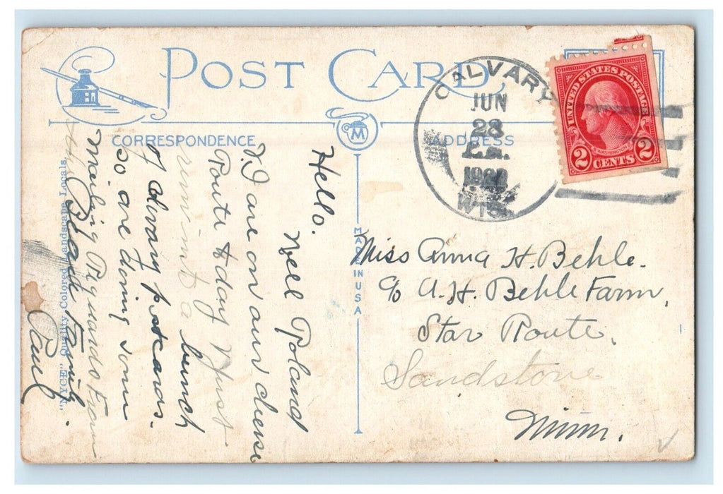 c1920's Greetings From Calvary Wisconsin WI, Road View Postcard