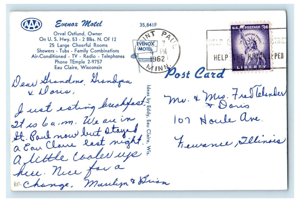 1962  Evenox Motel Cars Front Eau Claire Wisconsin WI Vintage Postcard