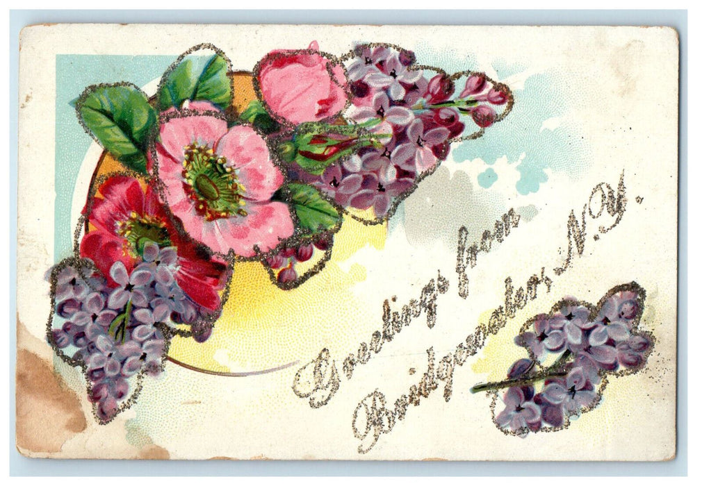 c1910 Greetings from Bridgewater New York NY Unposted Antique Floral Postcard