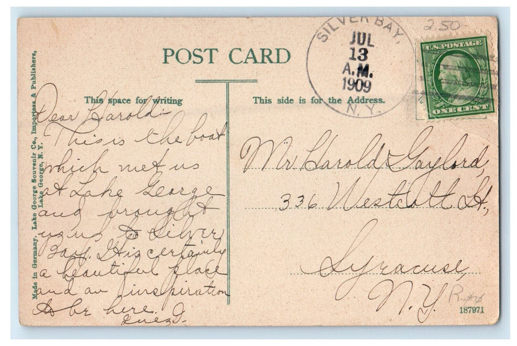 1909 Steamer Horicon Lake George New York NY Silver Bay NY Postcard