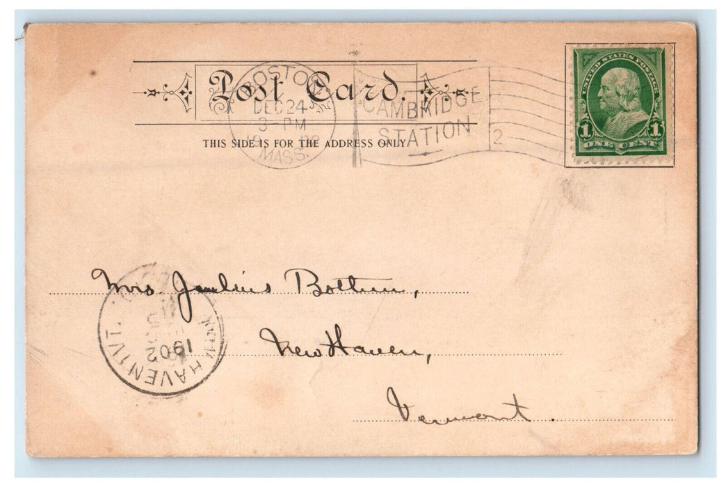 1902 The Yard Harvard University Cambridge MA New Haven VT Cancel Postcard