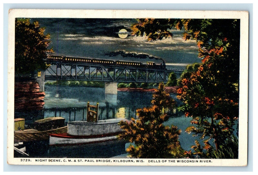 c1910's Night Scene C.M. & St. Paul Bridge Railway Kilbourn WI Antique Postcard