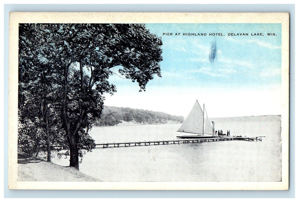 c1920's Pier At Highland Hotel Sailboat Delavan Lake Wisconsin WI Postcard