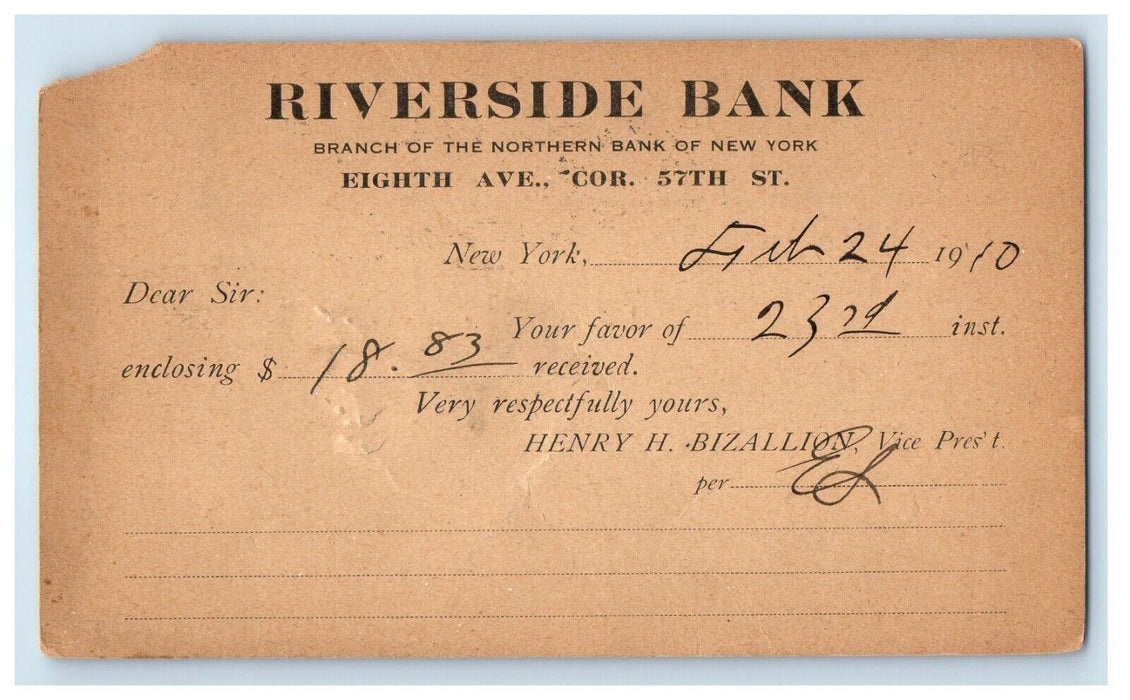 1910 Riverside Bank Enclosing New York NY Advertising Antique Postcard