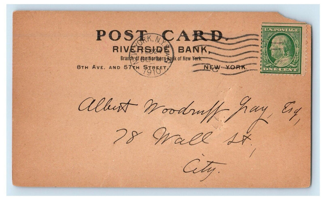 1910 Riverside Bank Enclosing New York NY Advertising Antique Postcard