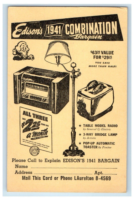 Edison's 1941 Bargain St. Albans New York NY Advertising Postcard