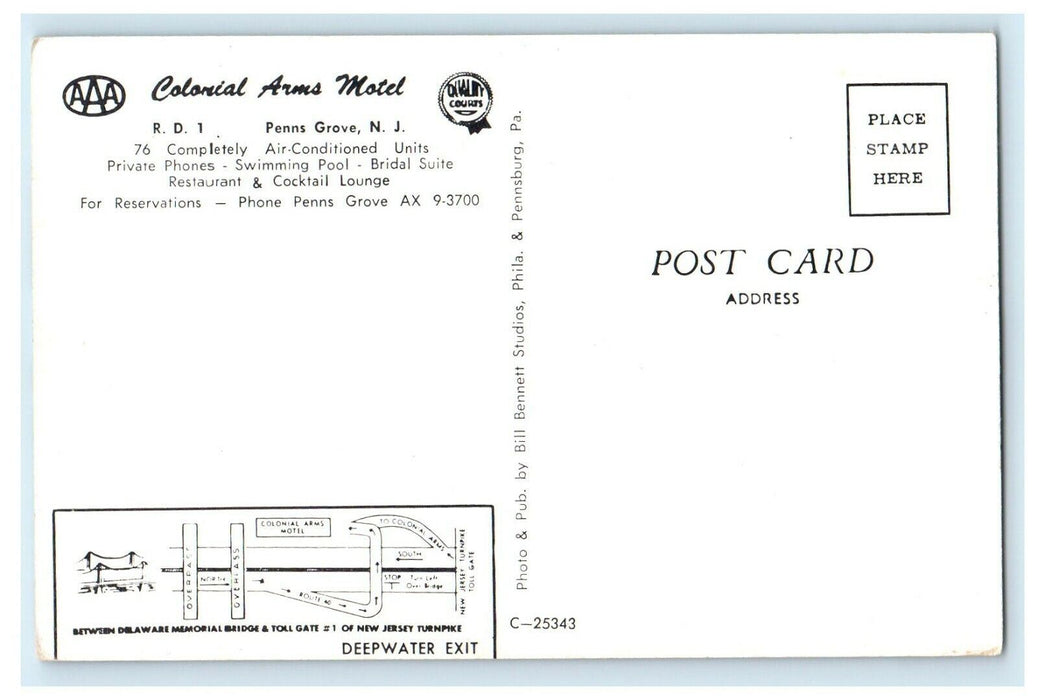 c1940's Colonial Arms Motel And Restaurant Penns Grove New Jersey NJ Postcard