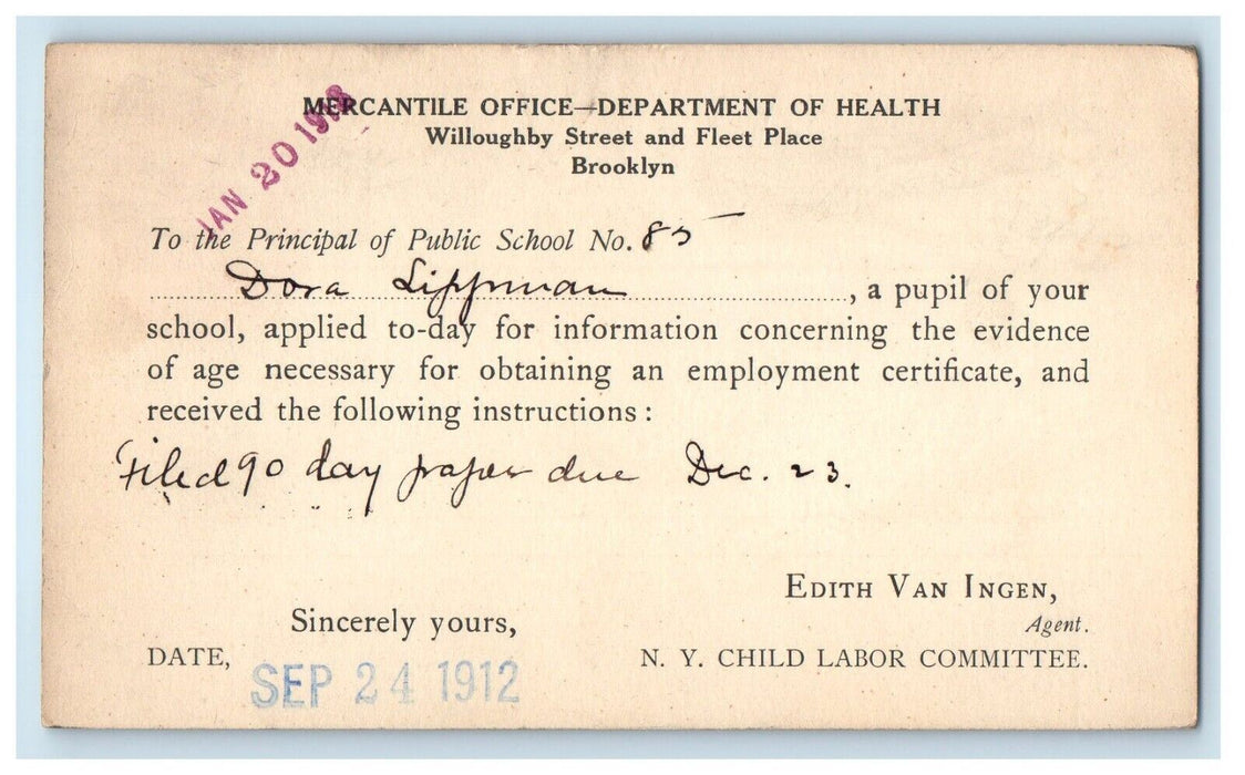 1912 Mercantile Office Department Of Health Brooklyn NY Advertising Postcard