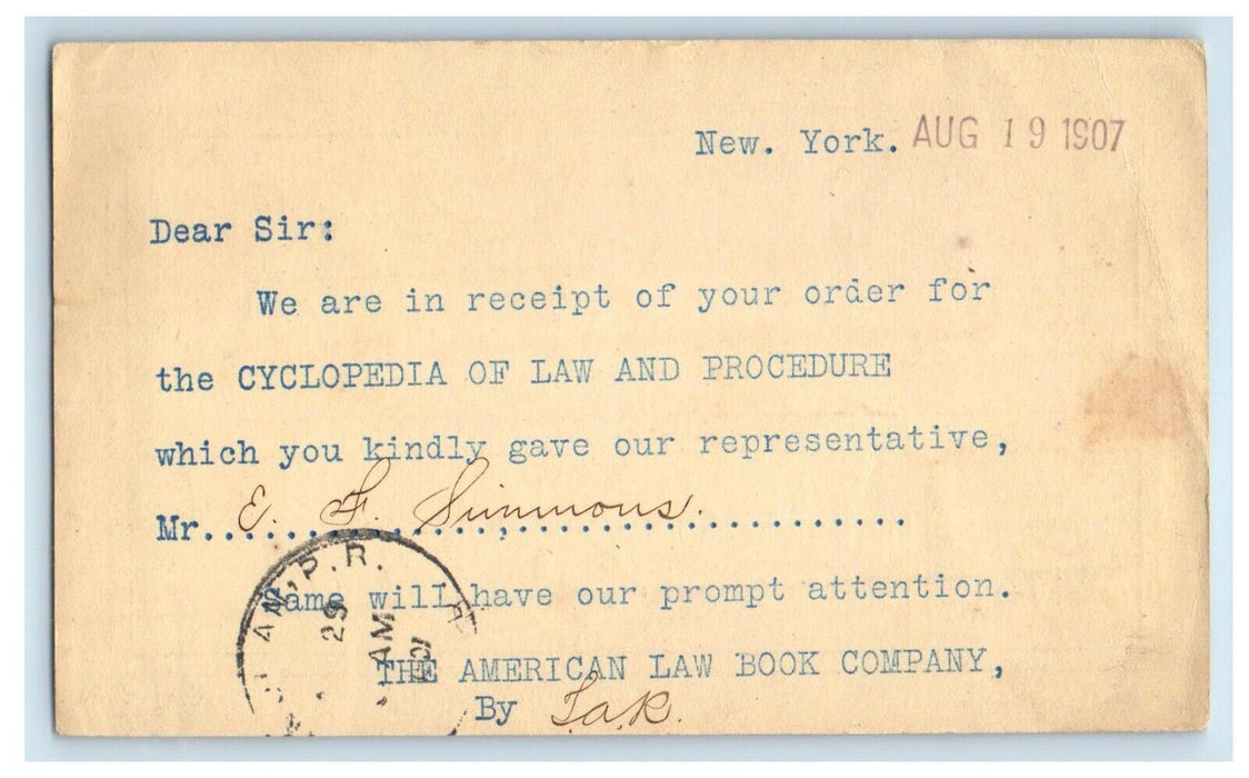 1907 The American Law Book Cyclopedia Procedure New York NY Advertising Postcard