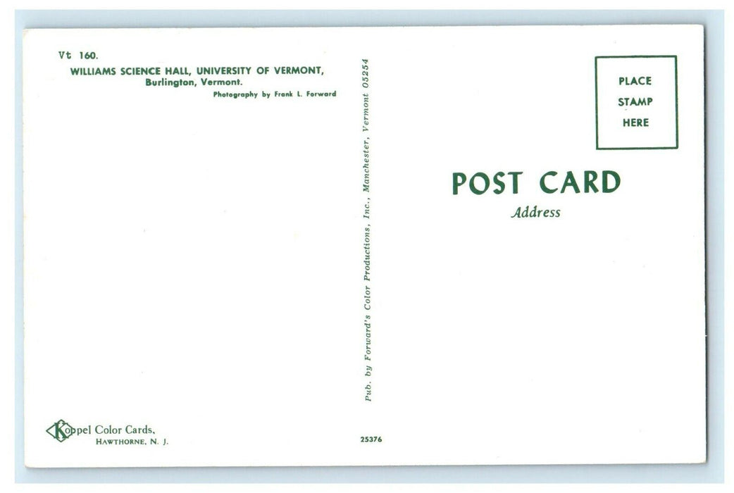 c1940's William Science Hall University Of Vermont Burlington VT Postcard