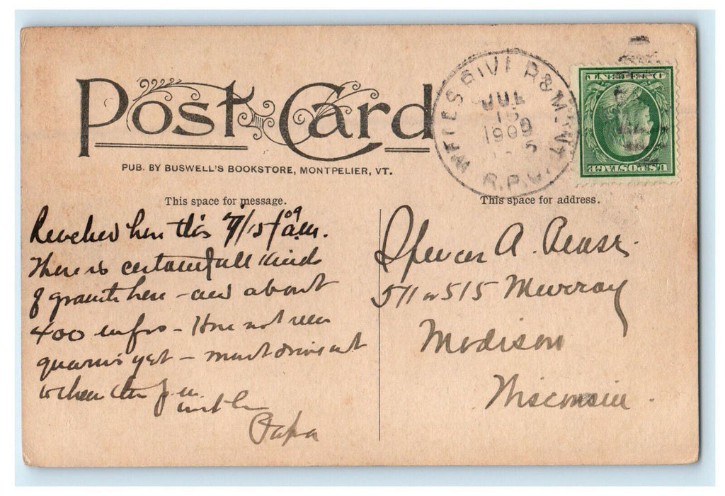 1909 A Granite Quarre, Barre Vermont VT RPO Posted Antique Postcard