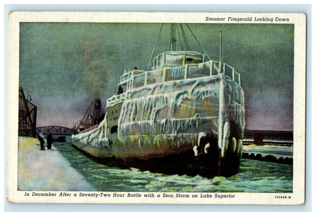 c1930's Steamer Fitzgerald Locking Down Zero Storm Lake Superior Ship Postcard