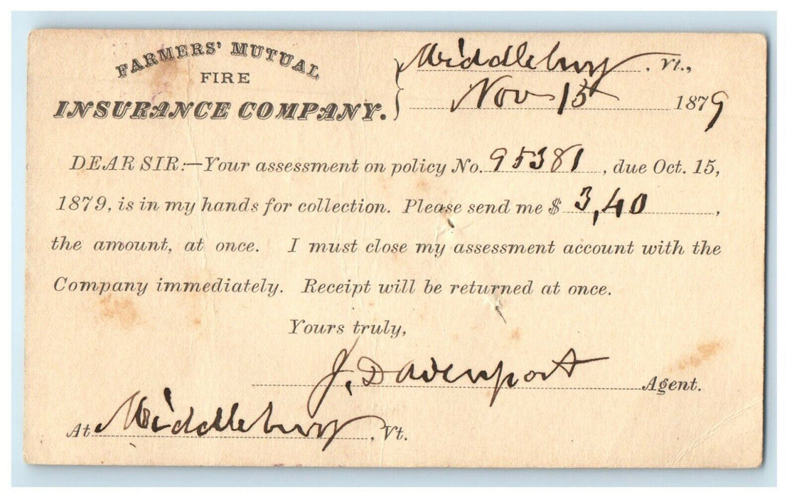 c1905 Farmer's Mutual Fire Insurance Company Middlebury VT Advertising Postcard