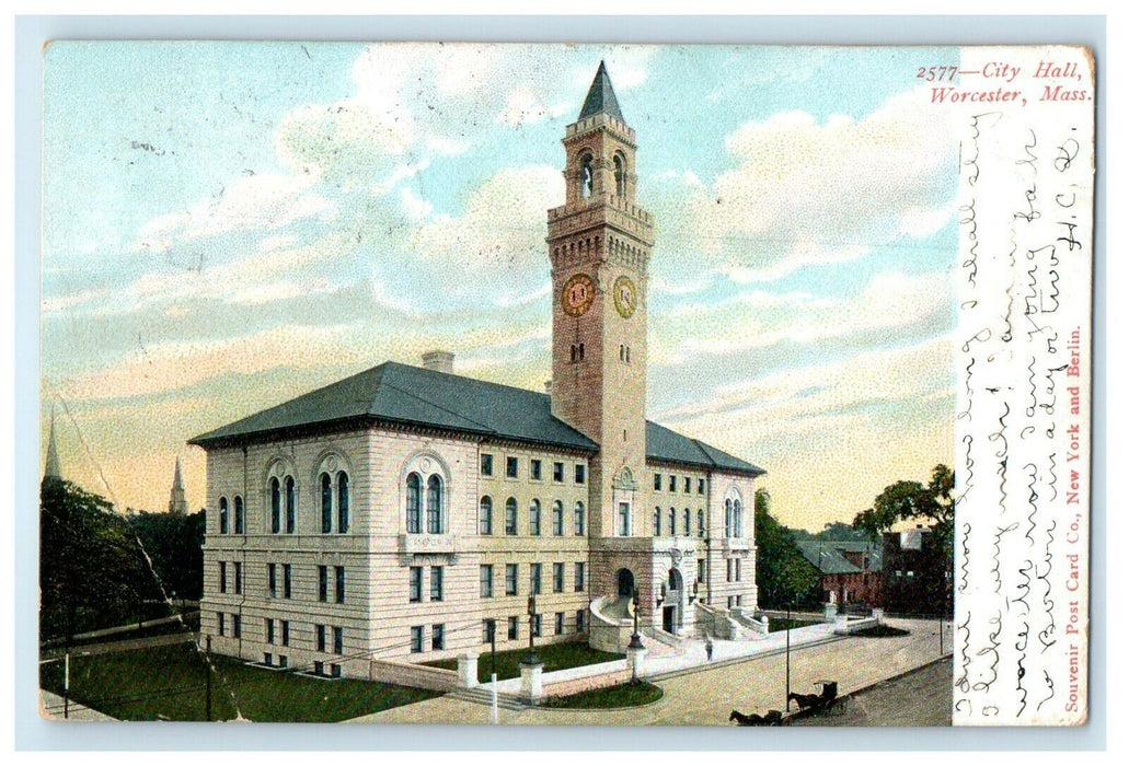 c1905 City Hall Building Street View Worcester Massachusetts MA Postcard