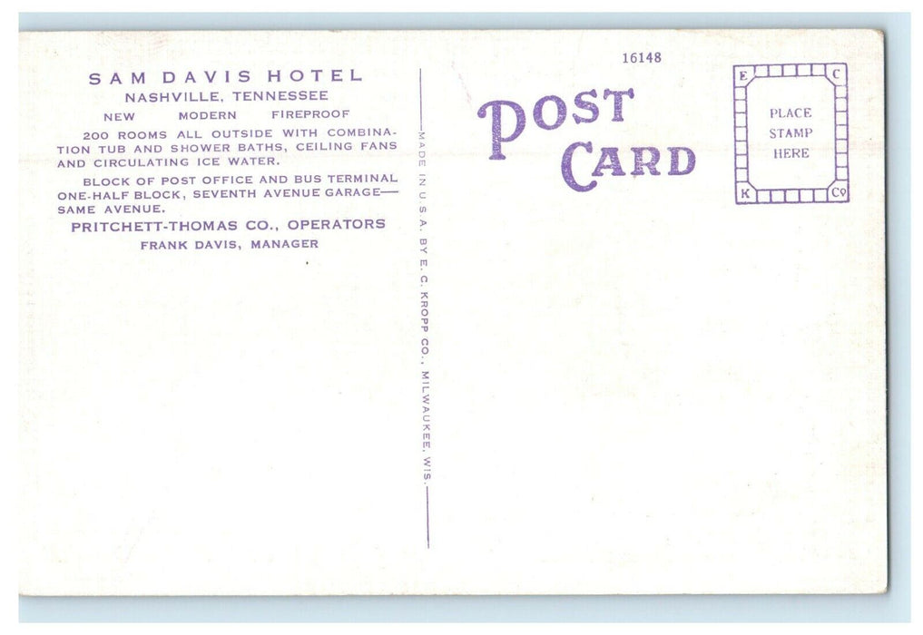 c1930's Sam Davis Hotel 7th Ave. At Commerce Nashville Tennessee TN Postcard