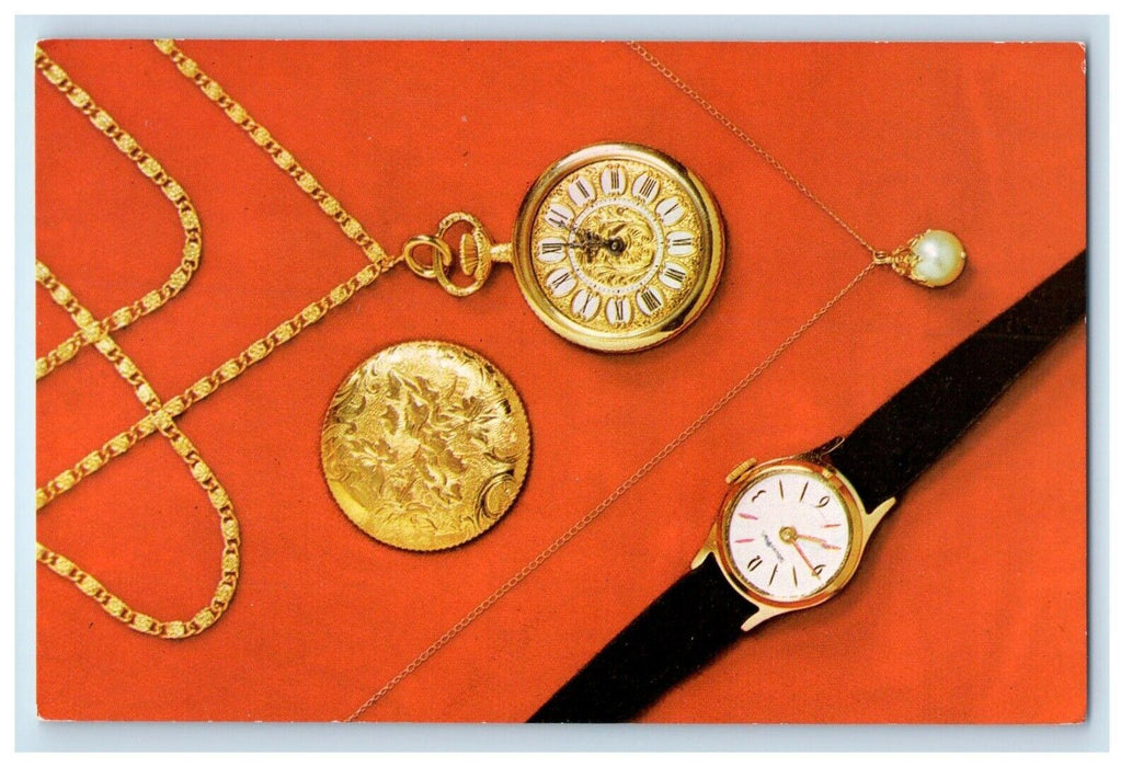 Howard Beach NY, Gold Tone Watch Pear Drop Jarden Jewels Advertising Postcard
