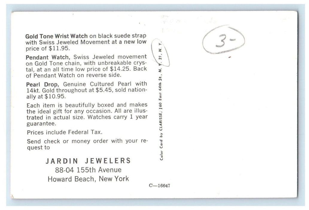 Howard Beach NY, Gold Tone Watch Pear Drop Jarden Jewels Advertising Postcard