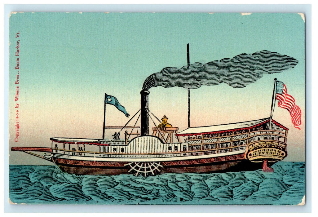 c1910s First Steamboat on Lake Champlain, Completed at Basin Harbor VT Postcard