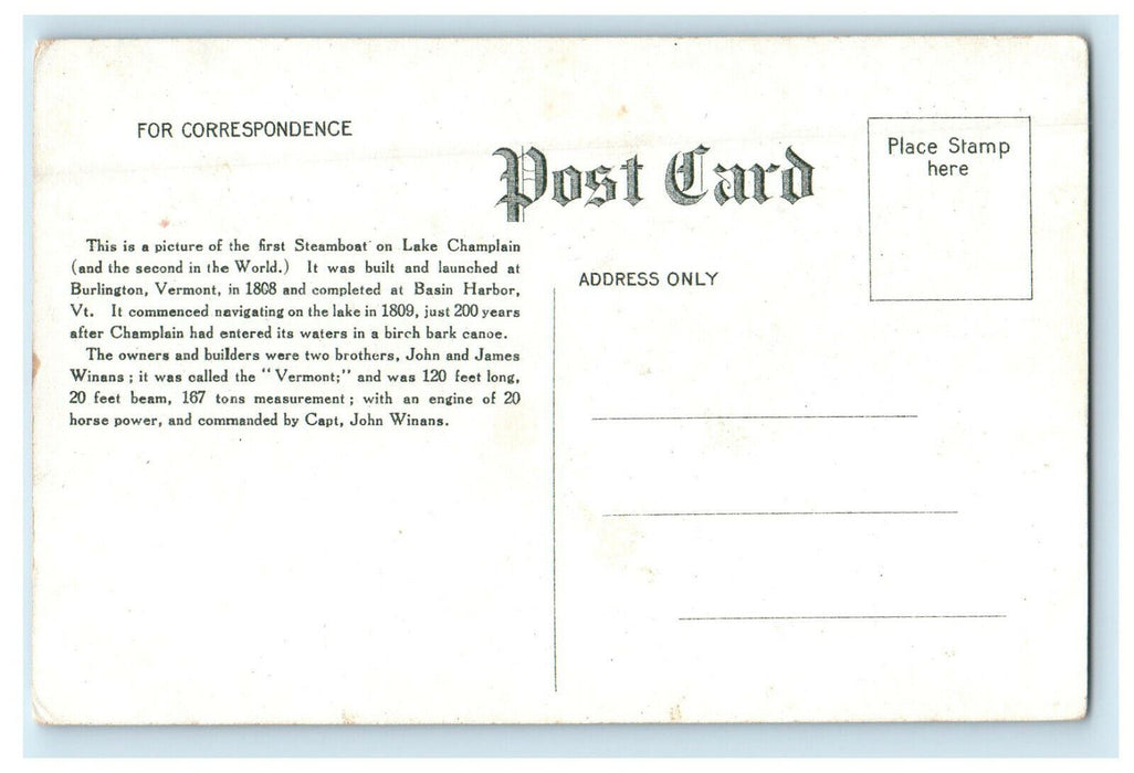 c1910s First Steamboat on Lake Champlain, Completed at Basin Harbor VT Postcard