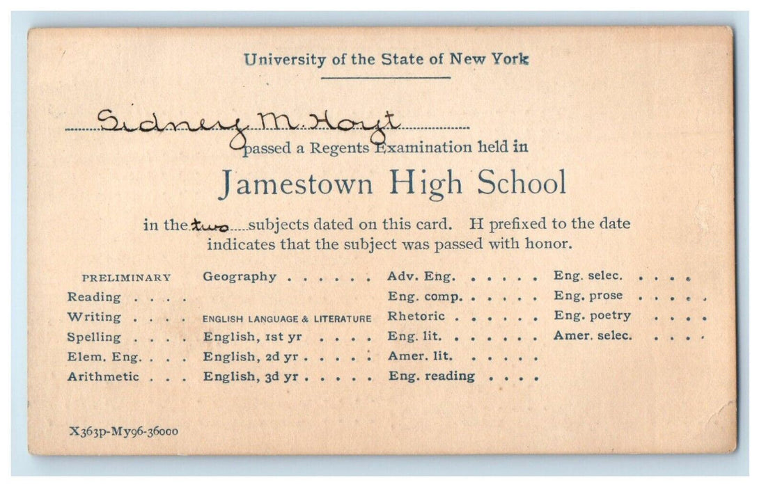 Jamestown High School Subject Passed With Honor New York NY Advertising Postcard