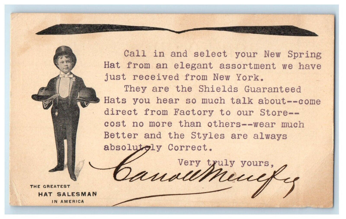 New Spring Hat Salesman In America New York NY Advertising Postcard