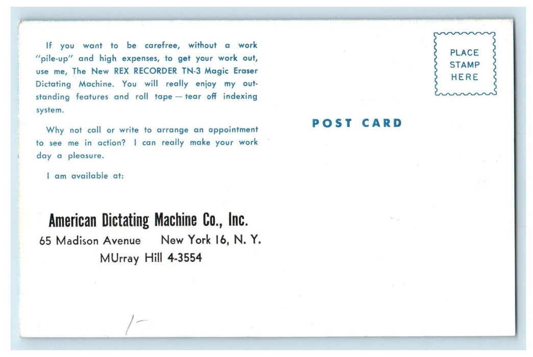 New York NY , TN-3 Rex Recorder Dictating Machine Co. Inc Advertising Postcard