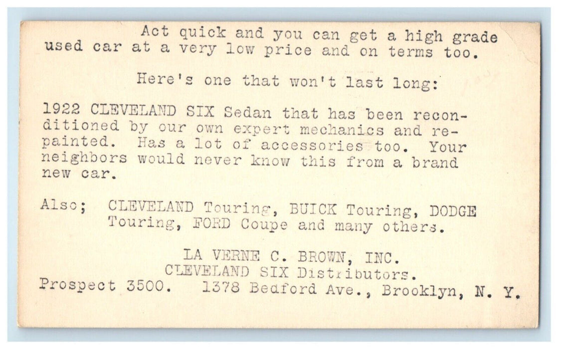 1923 Used Car Cleveland Buick Dodge Ford Brooklyn NY Advertising Postcard