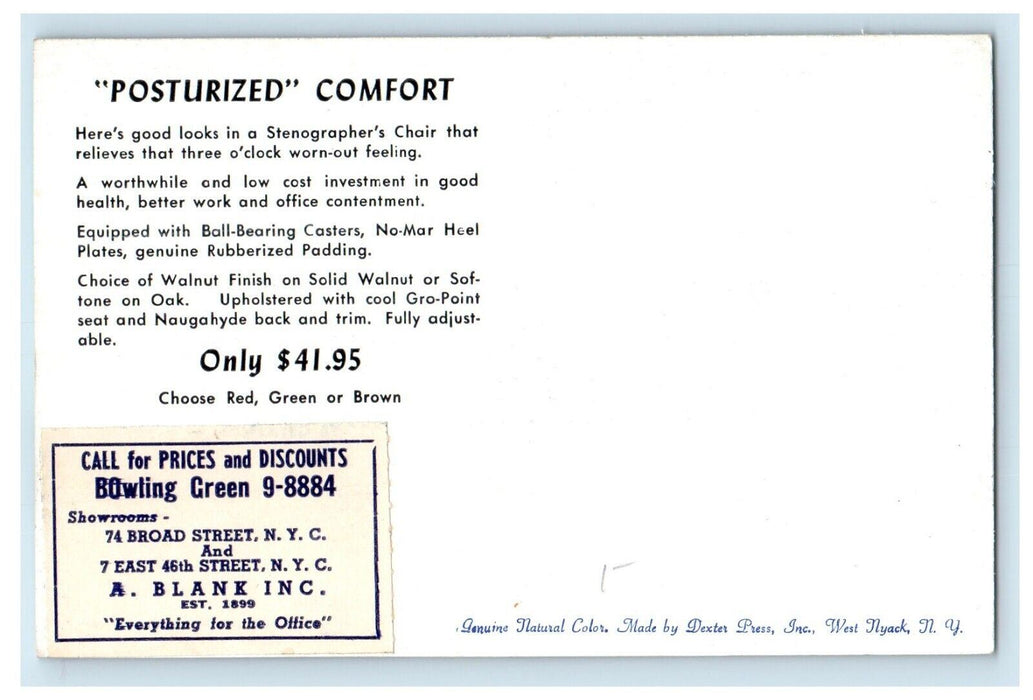 New York City NY. Stenographer's Chair A. Black Inc. Advertising Postcard