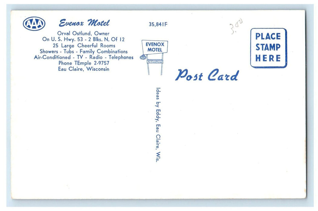c1950's Evenox Motel Cars Eau Claire Wisconsin WI Unposted Vintage Postcard