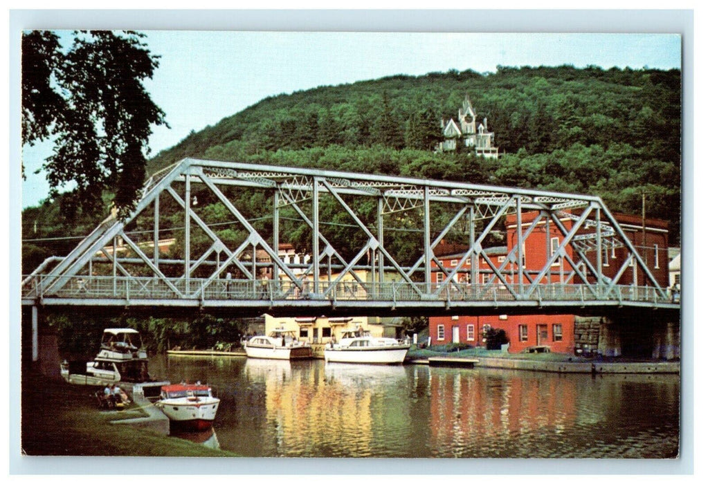Whitehall NY, Cruising Boats Champlain Canal Hudson River And Bridge Postcard