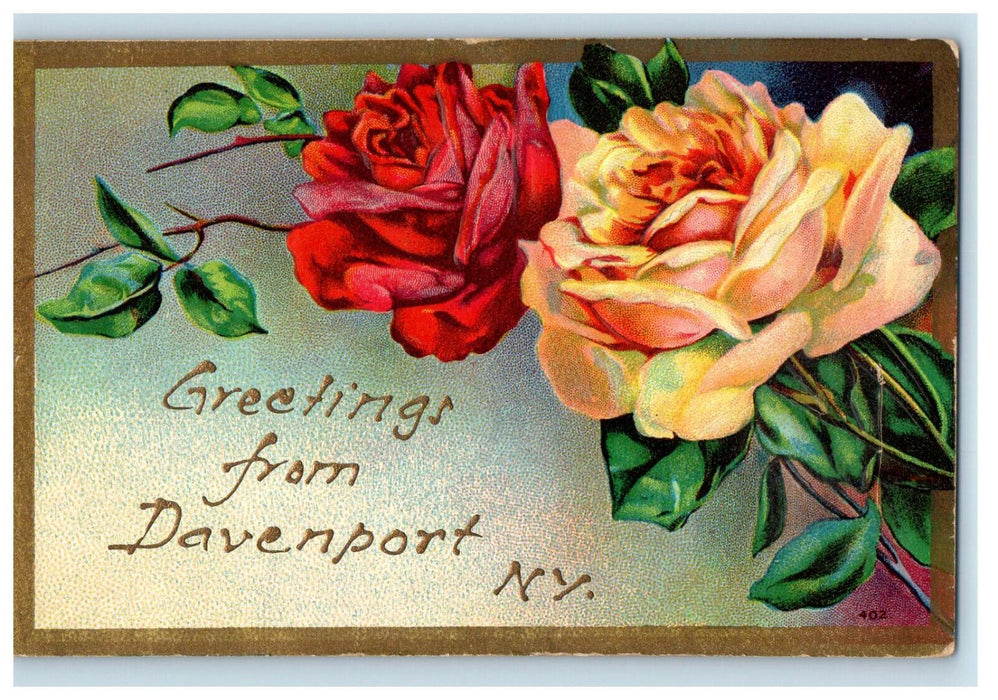 1912 Red and Yellow Flower, Greetings from Davenport New York NY Postcard