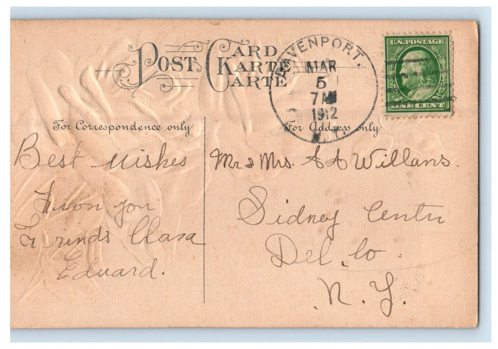 1912 Red and Yellow Flower, Greetings from Davenport New York NY Postcard