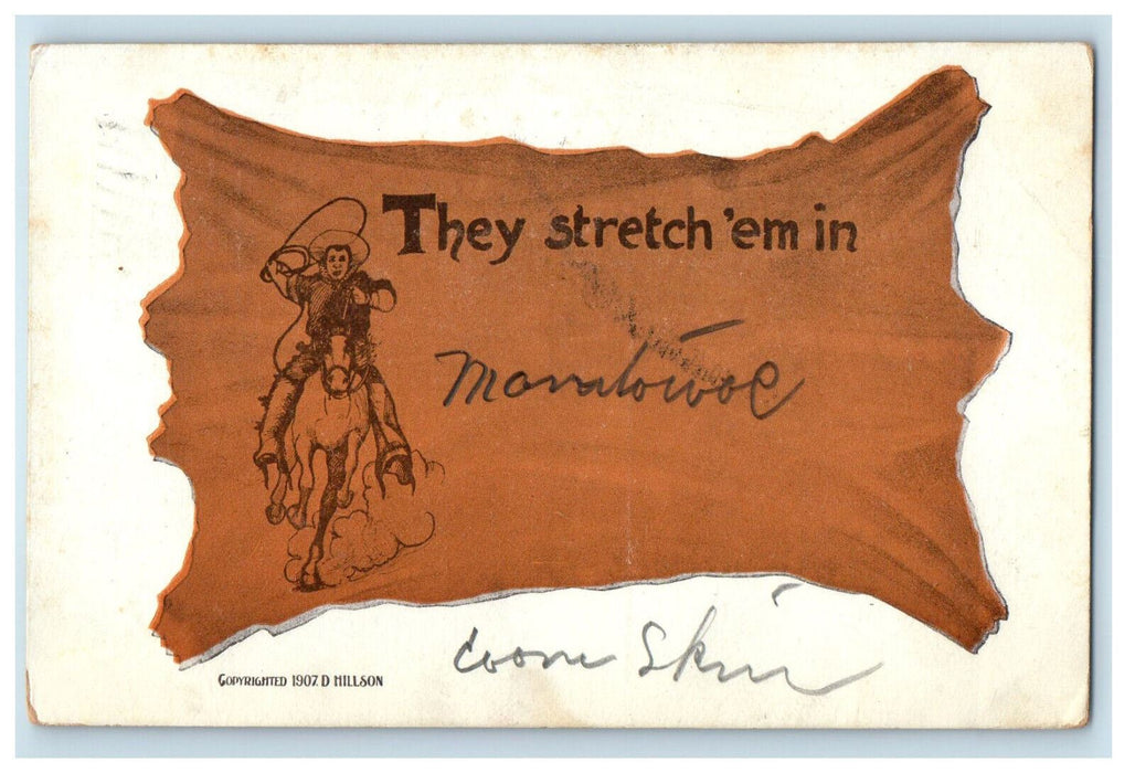 1907 Rodeo, Horse, They Stretch em in Manitowoc WI Antique Posted Postcard