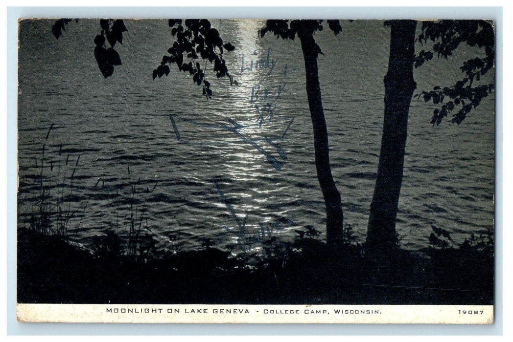 1944 Moonlight On Lake Geneva College Camp Wisconsin WI Vintage Postcard