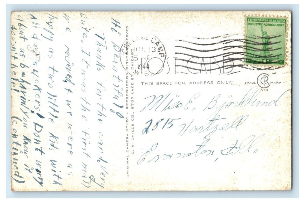 1944 Moonlight On Lake Geneva College Camp Wisconsin WI Vintage Postcard