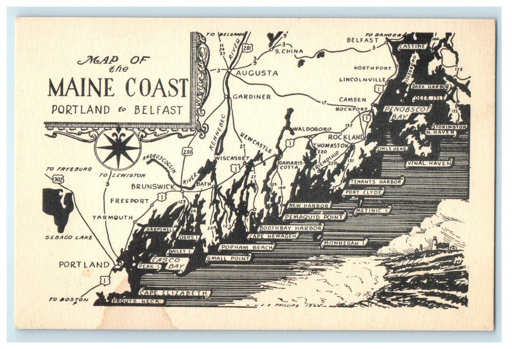 1947 Map of the Maine Coast, Portland to Belfast, Maine ME Unposted Postcard