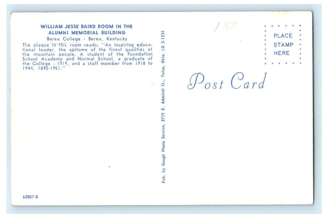 Berea KY, William Jesse Baird Room Interior Memorial Building College Postcard